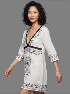 LAGACI White black deep V neck Short sleeve mini dress Empire waist Embroidery